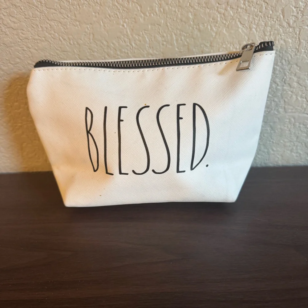 Rae Dunn Blessed Makeup Bag White Canvas Zipper‎ Pouch Cosmetic Travel Case